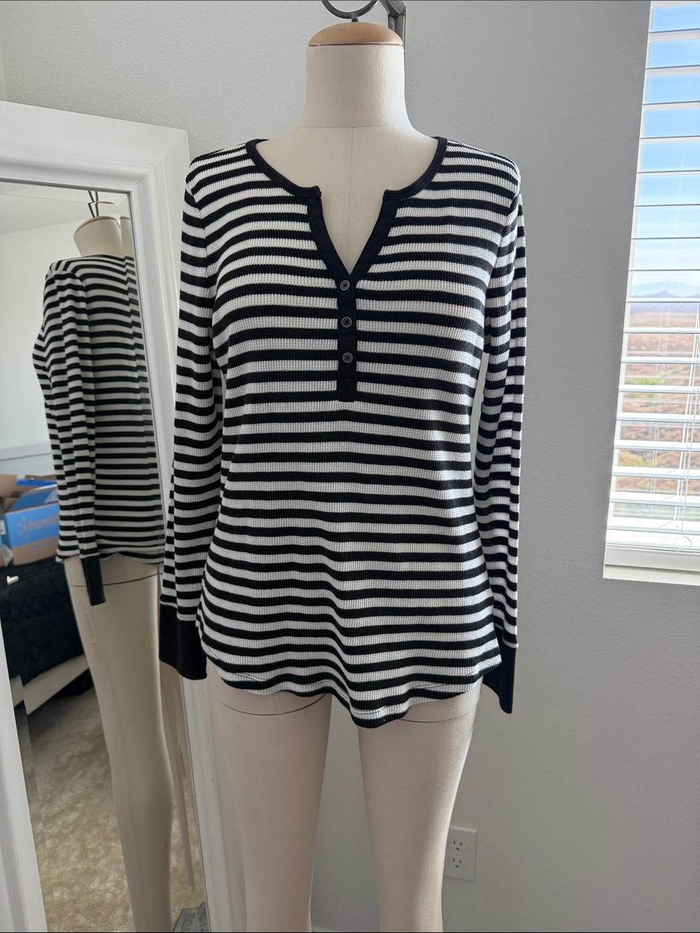 Striped Long-Sleeve Henley Top - Black & White